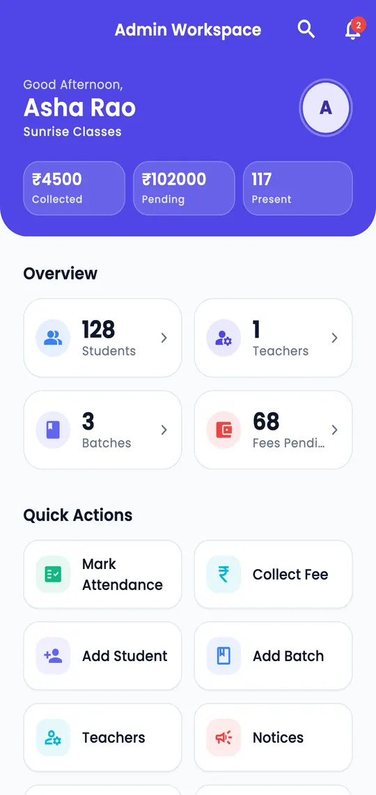 The owner's dashboard: students, batches, fees collected and quick actions