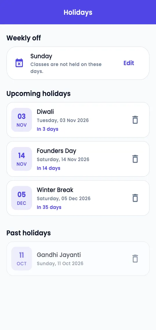 The holidays list with upcoming and past holidays